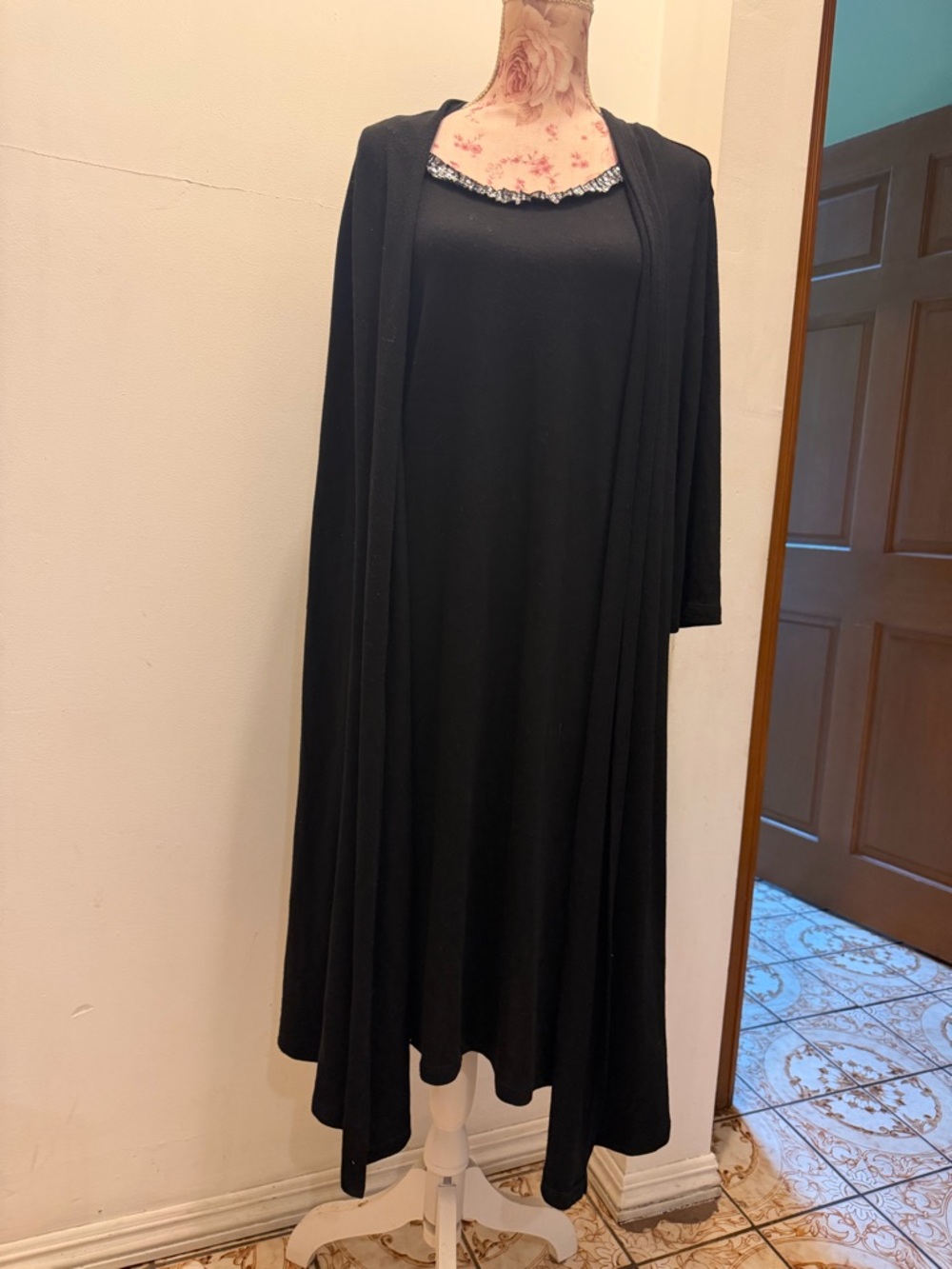Black Asymmetrical Maxi Dress with Matching Open Cardigan